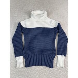 El Ganso Sweater Mens Small Blue White Turtleneck Chunky Knit Ribbed Colorblock